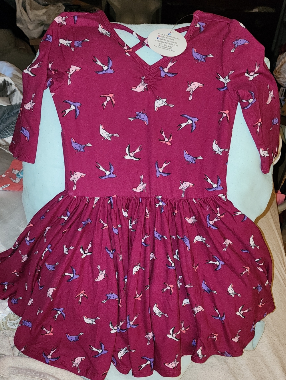 Nwt 5/6 Dot Dot Smile Girls' Burgundy Bird-Print Ballerina Style Twirl Dress